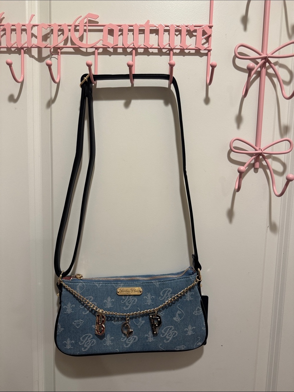 Baby Phat Denim Monogram Chain Charm Shoulder Bag in Blue